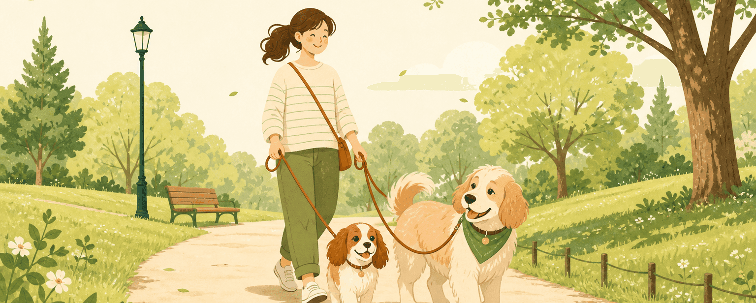 昼下がりの散歩道を歩く犬と飼い主